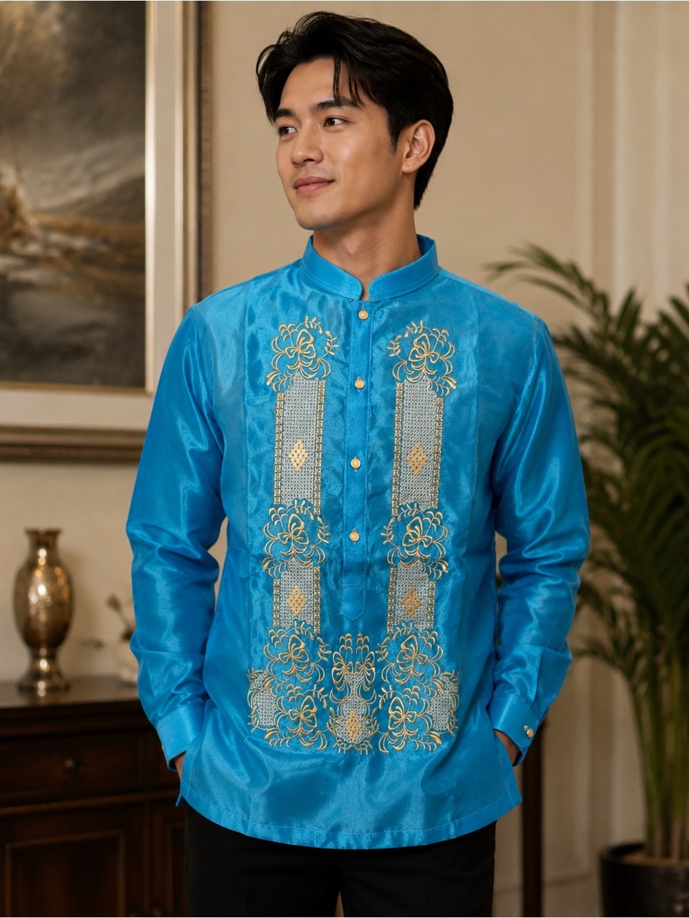Filipino Barong Tagalog Formal Attire Turquoise Embroidered Long Sleeves Shirts